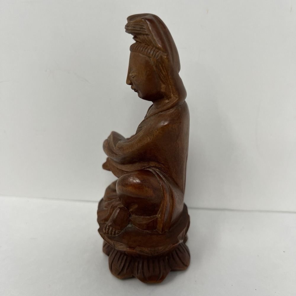 Hand Carved Wood Guanyin Bodhisattva Statuette Asian Royal Ease Pose Figure 4.8" - Picture 9 of 16
